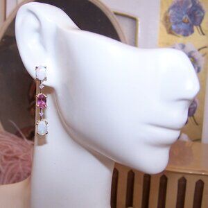 14K Gold Opal Diamond and Pink Tourmaline Dangle Drop Earrings - Posts with Nuts